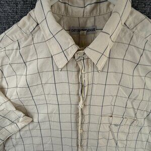 Emporio Armani Beige Blue Check Button Up Shirt Short Sleeve Cotton Size 41 (16)